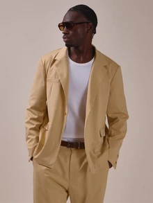 Oversized Crop Length Boxy Fit Single Breasted Suit Jacket "Musero" Patch On Sleeve Spring Summer Essentials Co Ord Jacket Only - Khaki - View 1