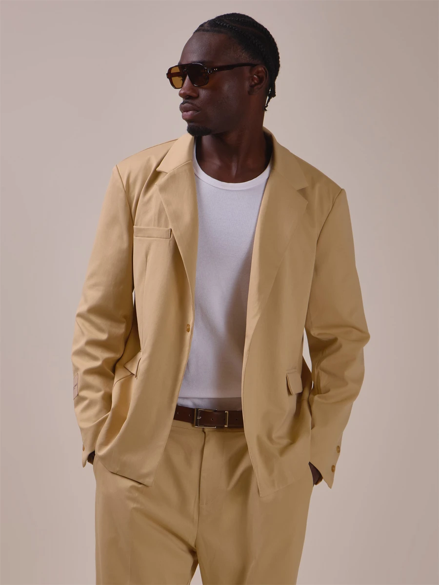 Oversized Crop Length Boxy Fit Single Breasted Suit Jacket "Musero" Patch On Sleeve Spring Summer Essentials Co Ord Jacket Only - Khaki - View 1