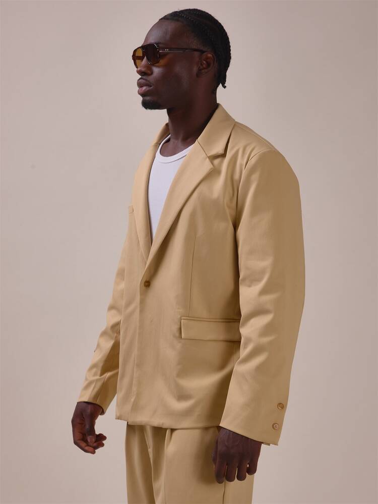 Oversized Crop Length Boxy Fit Single Breasted Suit Jacket "Musero" Patch On Sleeve Spring Summer Essentials Co Ord Jacket Only - Khaki - View 2