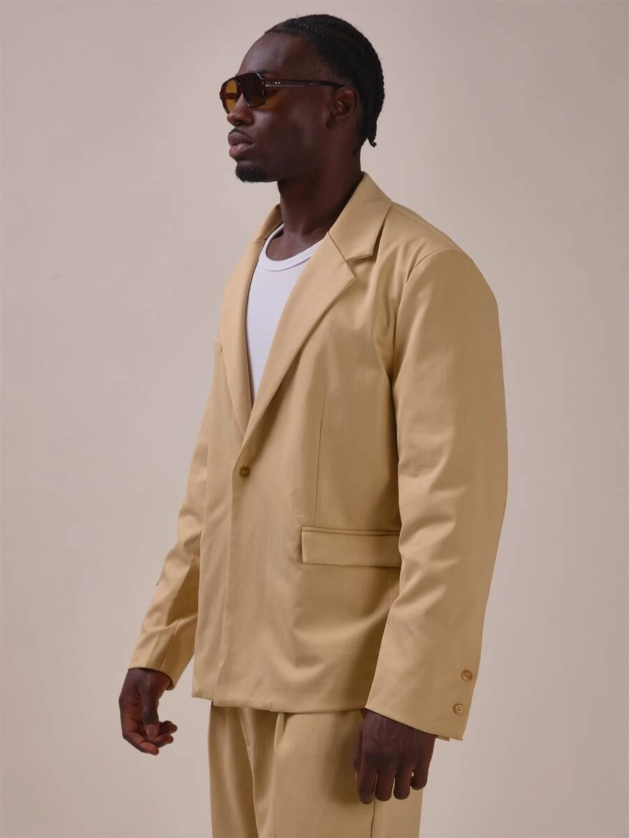 Oversized Crop Length Boxy Fit Single Breasted Suit Jacket "Musero" Patch On Sleeve Spring Summer Essentials Co Ord Jacket Only - Khaki - View 1