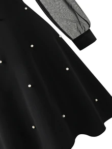 SHEIN Tween Girls Wednesday Dress Pearl Beaded Peter Pan Collar Mesh Sleeve Goth Black A-Line Elegant Party Dress - Black - View 4