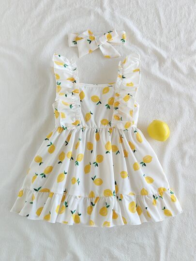 SHEIN Vintaside Kids Baby Girl Halter Dress,Strawberry Print Pink White Plaid Ruffle A-Line Dress,White And Yellow,Summer,Casual,Holiday,Vacation,Holiday Party Clothing