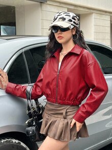 SHEIN 青少年女孩紅色翻領純色秋季短款休閒夾克，酷街頭風運動拉鍊外套，百搭開學穿搭 - 紅色 - 查看 4