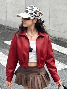 SHEIN 青少年女孩紅色翻領純色秋季短款休閒夾克，酷街頭風運動拉鍊外套，百搭開學穿搭 - 紅色 - 查看 6