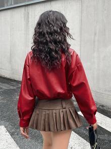 SHEIN 青少年女孩紅色翻領純色秋季短款休閒夾克，酷街頭風運動拉鍊外套，百搭開學穿搭 - 紅色 - 查看 2