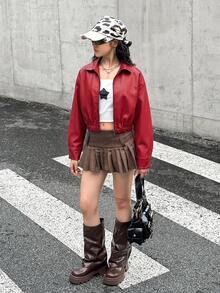 SHEIN 青少年女孩紅色翻領純色秋季短款休閒夾克，酷街頭風運動拉鍊外套，百搭開學穿搭 - 紅色 - 查看 3