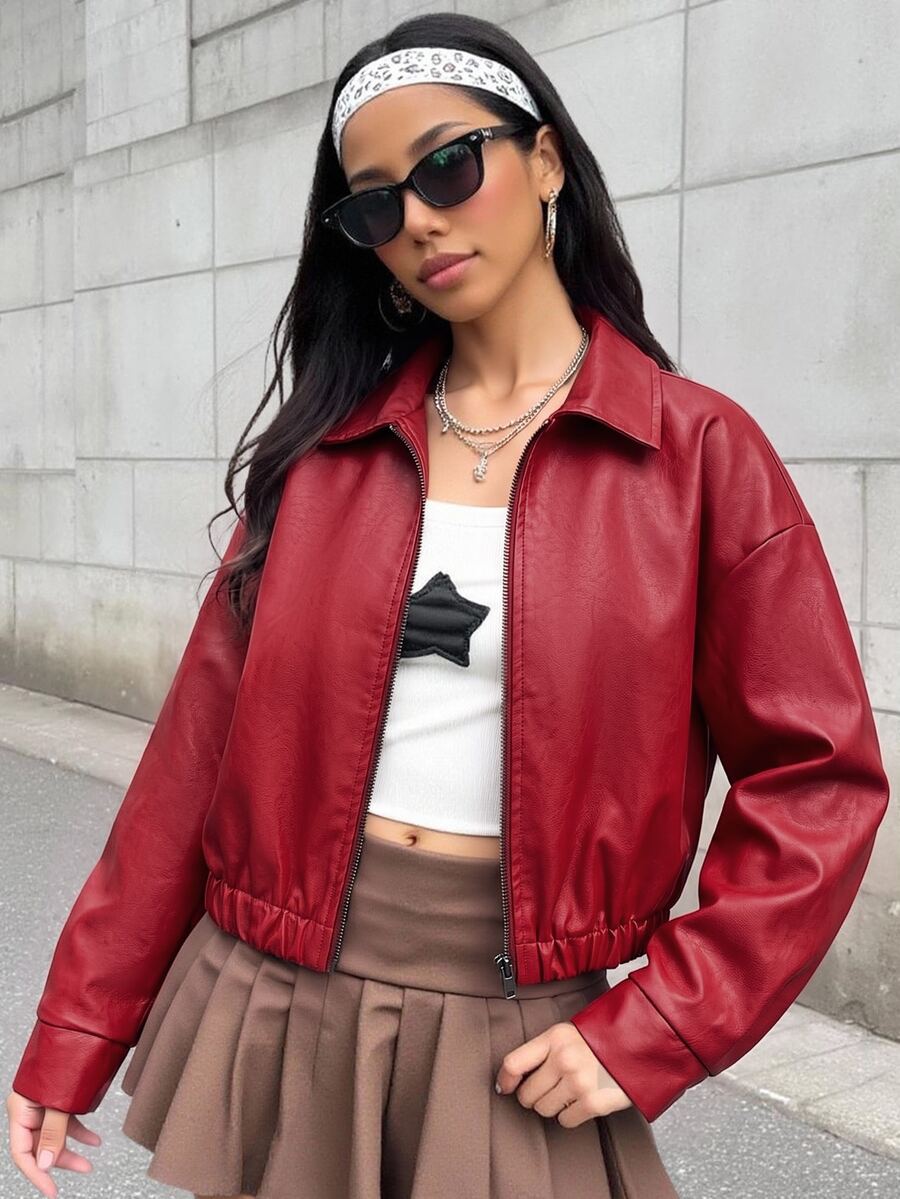SHEIN 青少年女孩紅色翻領純色秋季短款休閒夾克,酷街頭風運動拉鍊外套,百搭開學穿搭 - 紅色 - 查看 1