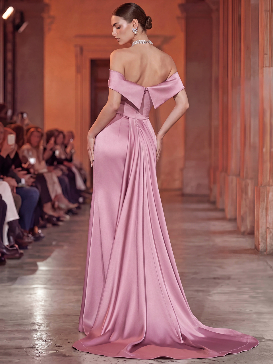Off-Shoulder Boning Decor Draped Satin Mermaid Tail Full Skirt Floor-Length Evening Gown
