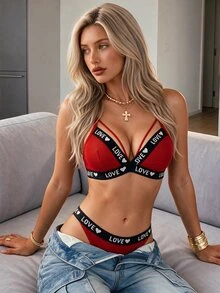 SuitURBody Ladies Contrast Heart Letter Knitted Bra Set Women  For Everyday Wear Without Padding - Red - View 5