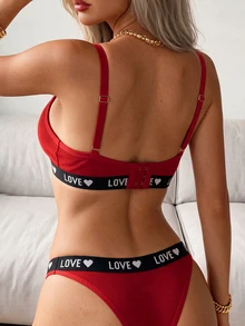 SuitURBody Ladies Contrast Heart Letter Knitted Bra Set Women  For Everyday Wear Without Padding - Red - View 2
