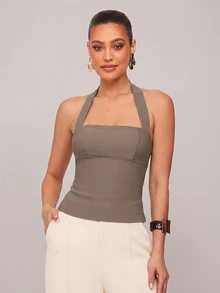Silquee Women's Solid Color PU Leather Slim Fit Fashion Camisole Top, Khaki Commuter Summer Outing Elegant Blouses For Going Night Out Date Night - Khaki - View 6
