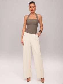 Silquee Women's Solid Color PU Leather Slim Fit Fashion Camisole Top, Khaki Commuter Summer Outing Elegant Blouses For Going Night Out Date Night - Khaki - View 5