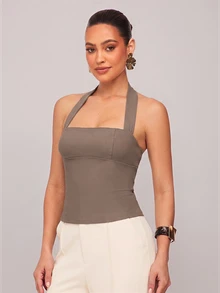 Silquee Women's Solid Color PU Leather Slim Fit Fashion Camisole Top, Khaki Commuter Summer Outing Elegant Blouses For Going Night Out Date Night - Khaki - View 3