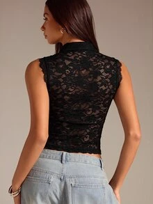 Athîral Women's Casual New Chinese Style Sleeveless Lace Top - Black - View 2