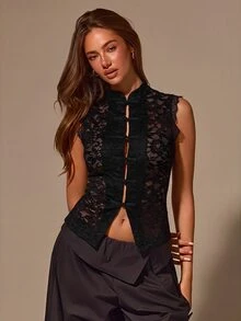 Athîral Women's Casual New Chinese Style Sleeveless Lace Top - Black - View 8