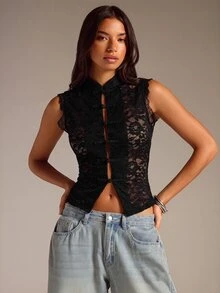 Athîral Women's Casual New Chinese Style Sleeveless Lace Top - Black - View 4