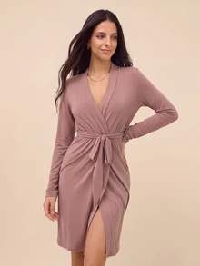 Amorya 淡粉色纯色及膝系带睡袍，女士休闲披肩领家居服，舒适优雅细节，秋冬必备单品 - 藕粉色 - 查看 3