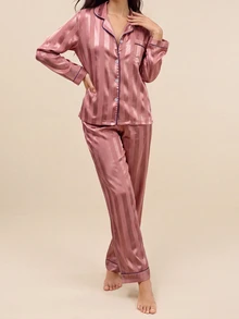 Amorya Contrast Piping Satin Pajama Set, Fall Winter Clothes - Dusty Pink - View 6