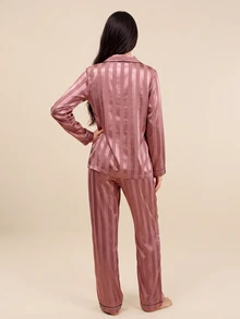 Amorya Contrast Piping Satin Pajama Set, Fall Winter Clothes - Dusty Pink - View 2