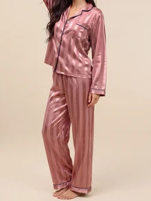 Amorya Contrast Piping Satin Pajama Set, Fall Winter Clothes - Dusty Pink - View 5