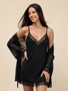 Amorya Women's Sexy Lingerie Set, Includes Camisole, Dress & Mesh Cardigan - Black - View 1