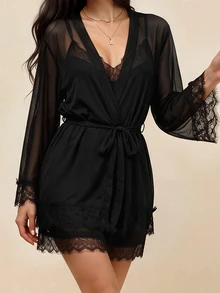 Amorya Women's Sexy Lingerie Set, Includes Camisole, Dress & Mesh Cardigan - Black - View 5