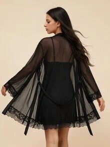 Amorya Women's Sexy Lingerie Set, Includes Camisole, Dress & Mesh Cardigan - Black - View 2