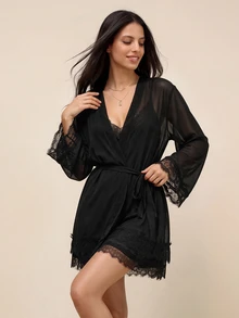 Amorya Women's Sexy Lingerie Set, Includes Camisole, Dress & Mesh Cardigan - Black - View 3