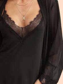 Amorya Women's Sexy Lingerie Set, Includes Camisole, Dress & Mesh Cardigan - Black - View 7
