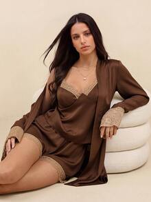Amorya Women Lace Patchwork Contrast Color Camisole + Shorts + Waist Tie Robe Pajama Set - Coffee Brown - View 6