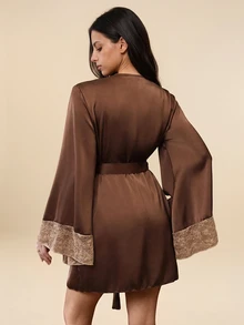 Amorya Women Lace Patchwork Contrast Color Camisole + Shorts + Waist Tie Robe Pajama Set - Coffee Brown - View 2