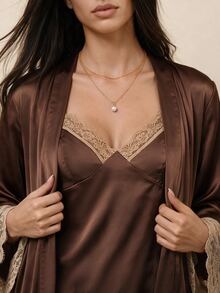 Amorya Women Lace Patchwork Contrast Color Camisole + Shorts + Waist Tie Robe Pajama Set - Coffee Brown - View 3