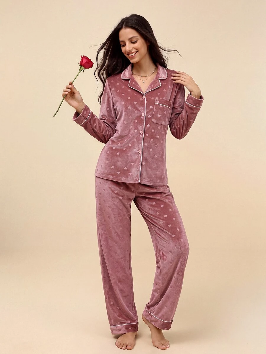 Amorya Women's Turndown Collar Cardigan, Heart Jacquard Velvet PJS With Long Sleeve And Long Pants Pink PJS Soft PJS, Fall & Winter Clothes - Dusty Pink - View 1