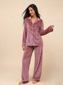 Amorya Women's Turndown Collar Cardigan, Heart Jacquard Velvet PJS With Long Sleeve And Long Pants Pink PJS Soft PJS, Fall & Winter Clothes - Dusty Pink - View 5