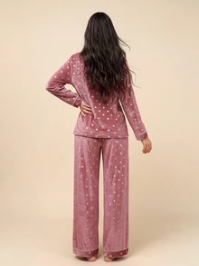 Amorya Women's Turndown Collar Cardigan, Heart Jacquard Velvet PJS With Long Sleeve And Long Pants Pink PJS Soft PJS, Fall & Winter Clothes - Dusty Pink - View 2