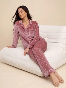 Amorya Women's Turndown Collar Cardigan, Heart Jacquard Velvet PJS With Long Sleeve And Long Pants Pink PJS Soft PJS, Fall & Winter Clothes - Dusty Pink - View 6
