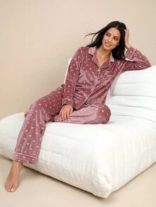 Amorya Women's Turndown Collar Cardigan, Heart Jacquard Velvet PJS With Long Sleeve And Long Pants Pink PJS Soft PJS, Fall & Winter Clothes - Dusty Pink - View 3