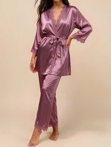 Amorya 四件套睡衣：蕾丝拼接仿丝吊带背心、短裤、长裤、系带睡袍，秋冬服装 - 藕粉色 - 查看 4