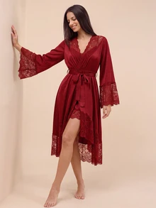 Amorya Côtesoire Elegant Vintage Mature Knowledgeable Loose Comfortable Brown Lace Patchwork Crossover Collar Women's Dress - Burgundy - View 6