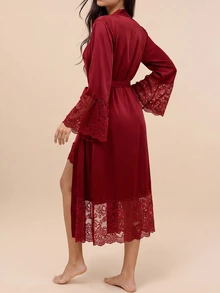 Amorya Côtesoire Elegant Vintage Mature Knowledgeable Loose Comfortable Brown Lace Patchwork Crossover Collar Women's Dress - Burgundy - View 2