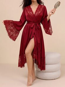 Amorya Côtesoire Elegant Vintage Mature Knowledgeable Loose Comfortable Brown Lace Patchwork Crossover Collar Women's Dress - Burgundy - View 1