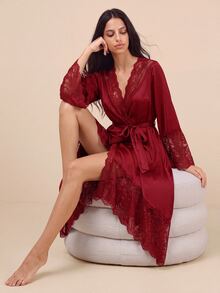 Amorya Côtesoire Elegant Vintage Mature Knowledgeable Loose Comfortable Brown Lace Patchwork Crossover Collar Women's Dress - Burgundy - View 5