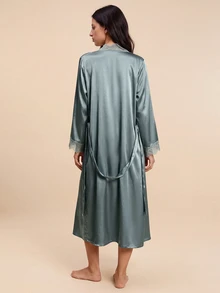 Amorya SilkySpell 2pc Set Women Deep V Slip Dress, Elegant Satin Belted Robe, Lace Trim Loungewear, Sleepwear PJS, Suitable For All Seasons - Cadet Blue - View 3