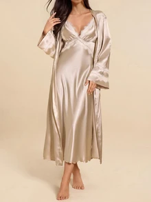 Amorya 蕾丝边仿丝吊带睡裙睡袍女士睡衣套装 - 香檳色 - 查看 3