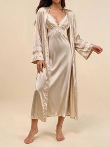 Amorya 蕾丝边仿丝吊带睡裙睡袍女士睡衣套装 - 香檳色 - 查看 4
