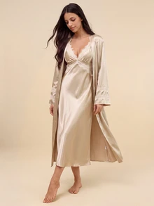 Amorya 蕾丝边仿丝吊带睡裙睡袍女士睡衣套装 - 香檳色 - 查看 6