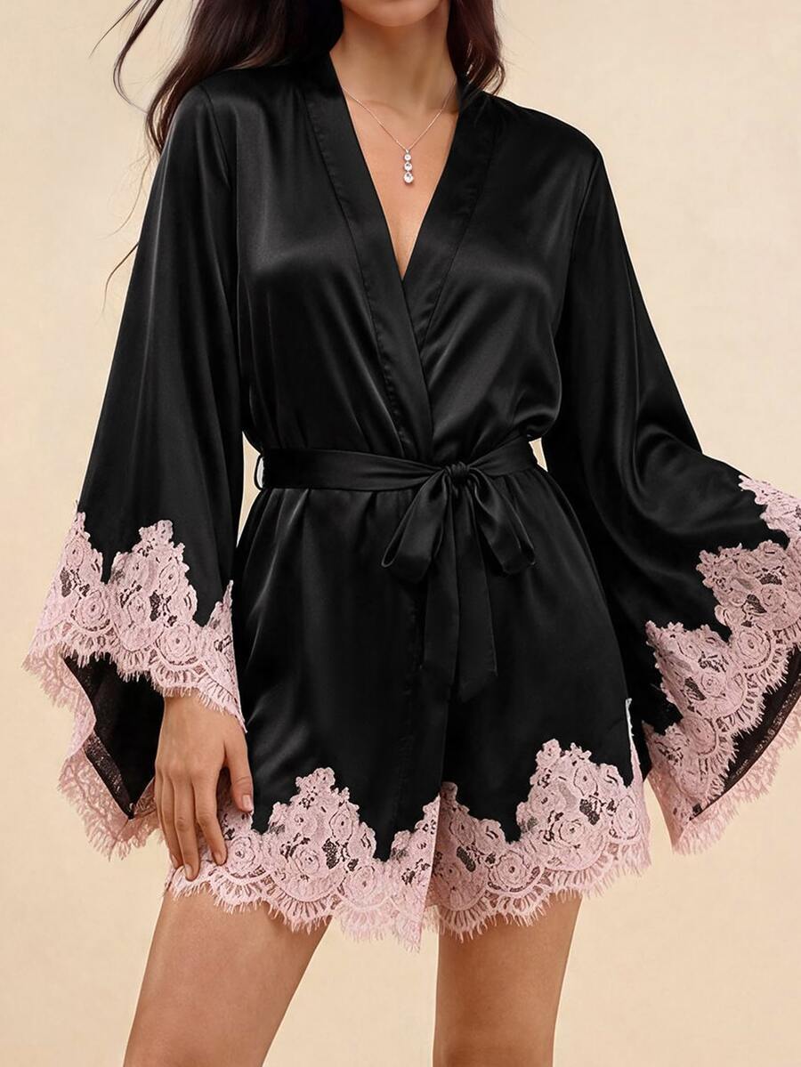 Amorya Women's Contrast Lace Flare Sleeve Elegant Robe - Black - View 1