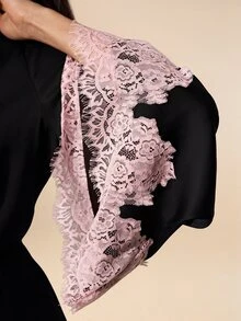 Amorya Women's Contrast Lace Flare Sleeve Elegant Robe - Black - View 6