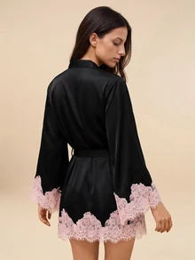 Amorya Women's Contrast Lace Flare Sleeve Elegant Robe - Black - View 2