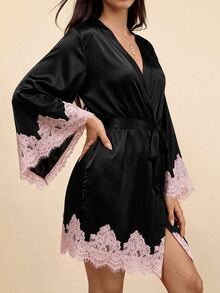 Amorya Women's Contrast Lace Flare Sleeve Elegant Robe - Black - View 5